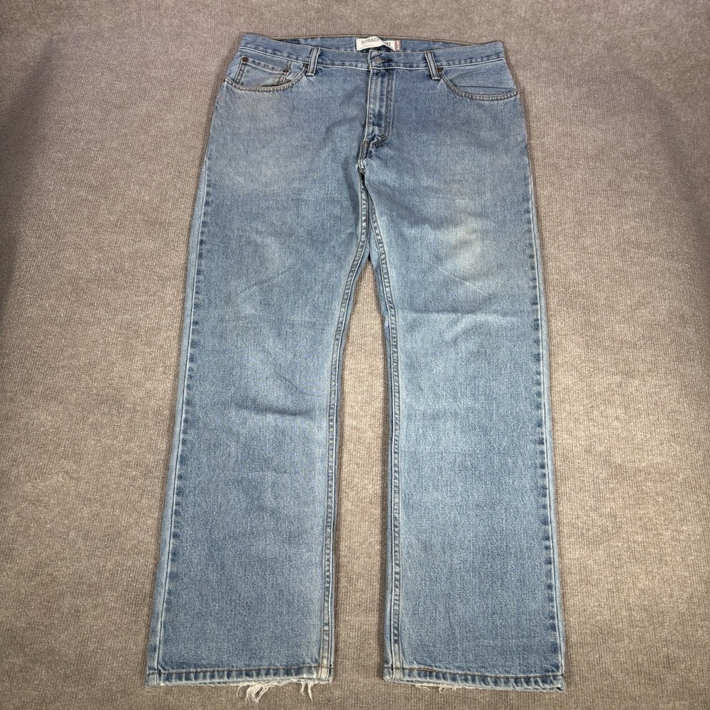 Levis 505 Jeans Mens 38x32 Regular Fit Straight Leg Light Wash Blue Denim Y2K